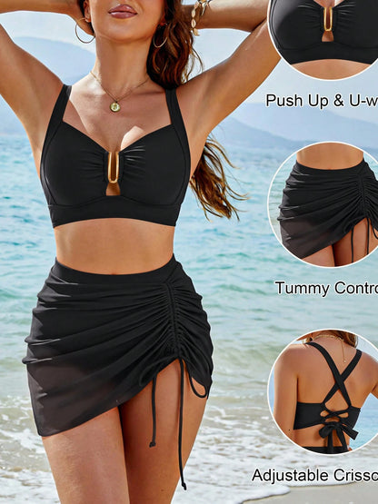 Womens Bikini Sets 2 Piece Swimsuits High Waisted Bathing Suit Sheer Cover Up Swim Skirts