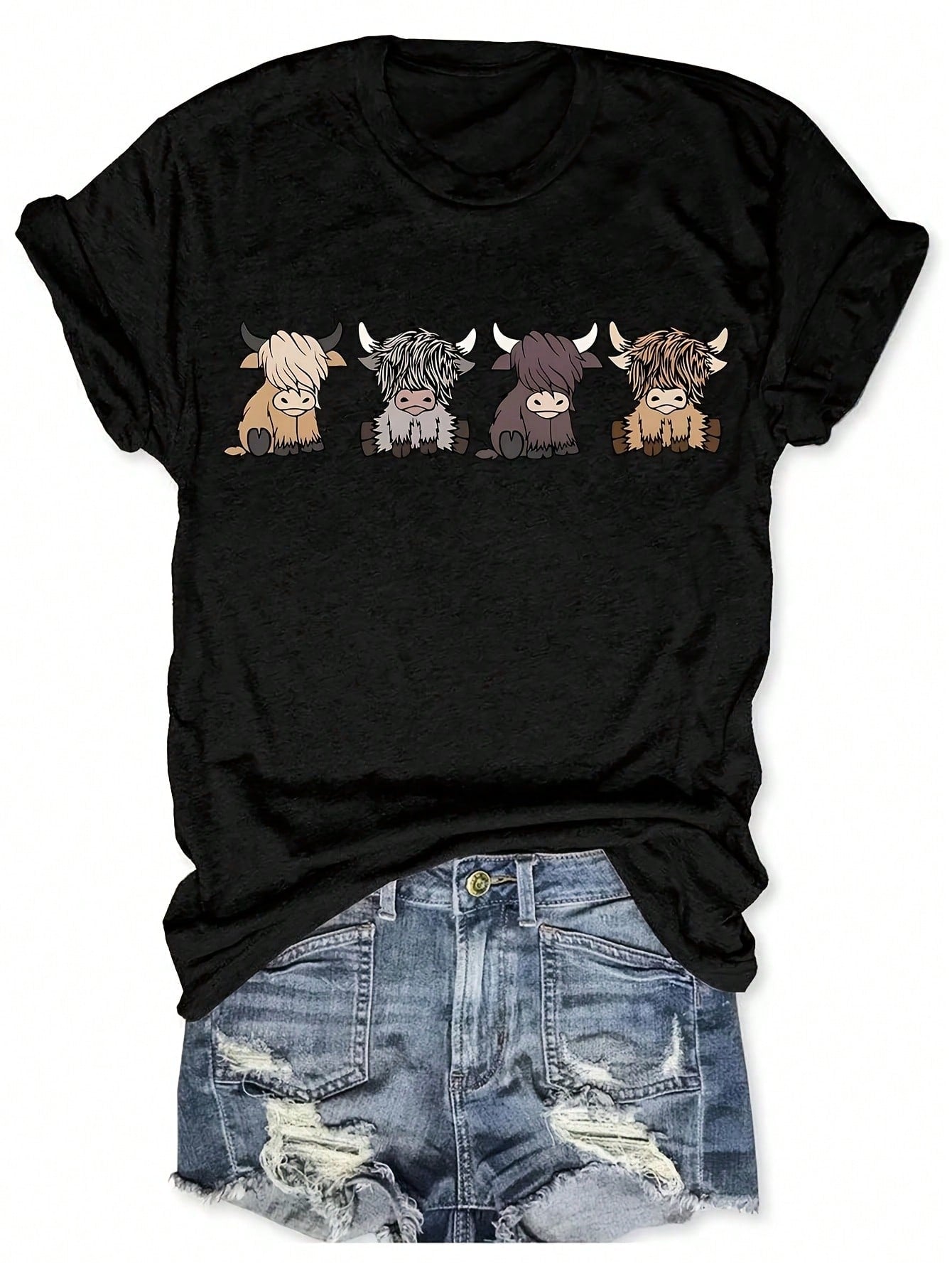 Womens Y2K Cow Print T-Shirt, Black/Brown, Short Sleeve Crew Neck, Highland Cow Pattern (Hamish, Angus, Lucky, McTavish), Casual