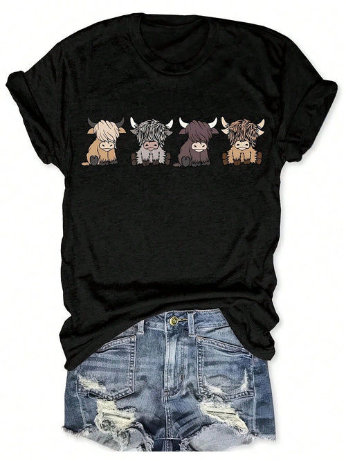 Womens Y2K Cow Print T-Shirt, Black/Brown, Short Sleeve Crew Neck, Highland Cow Pattern (Hamish, Angus, Lucky, McTavish), Casual