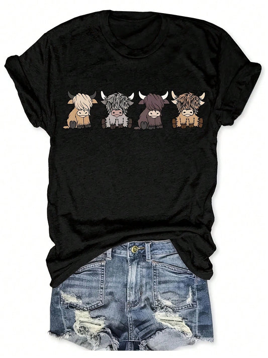 Womens Y2K Cow Print T-Shirt, Black/Brown, Short Sleeve Crew Neck, Highland Cow Pattern (Hamish, Angus, Lucky, McTavish), Casual