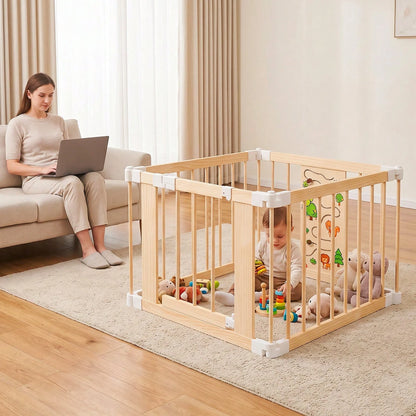 Wooden Baby Playpen With Montessori Toys, 4/6/8/10/12-Panels Foldable Wood Play Yard For Toddlers With Door Panel And Built-In Toys