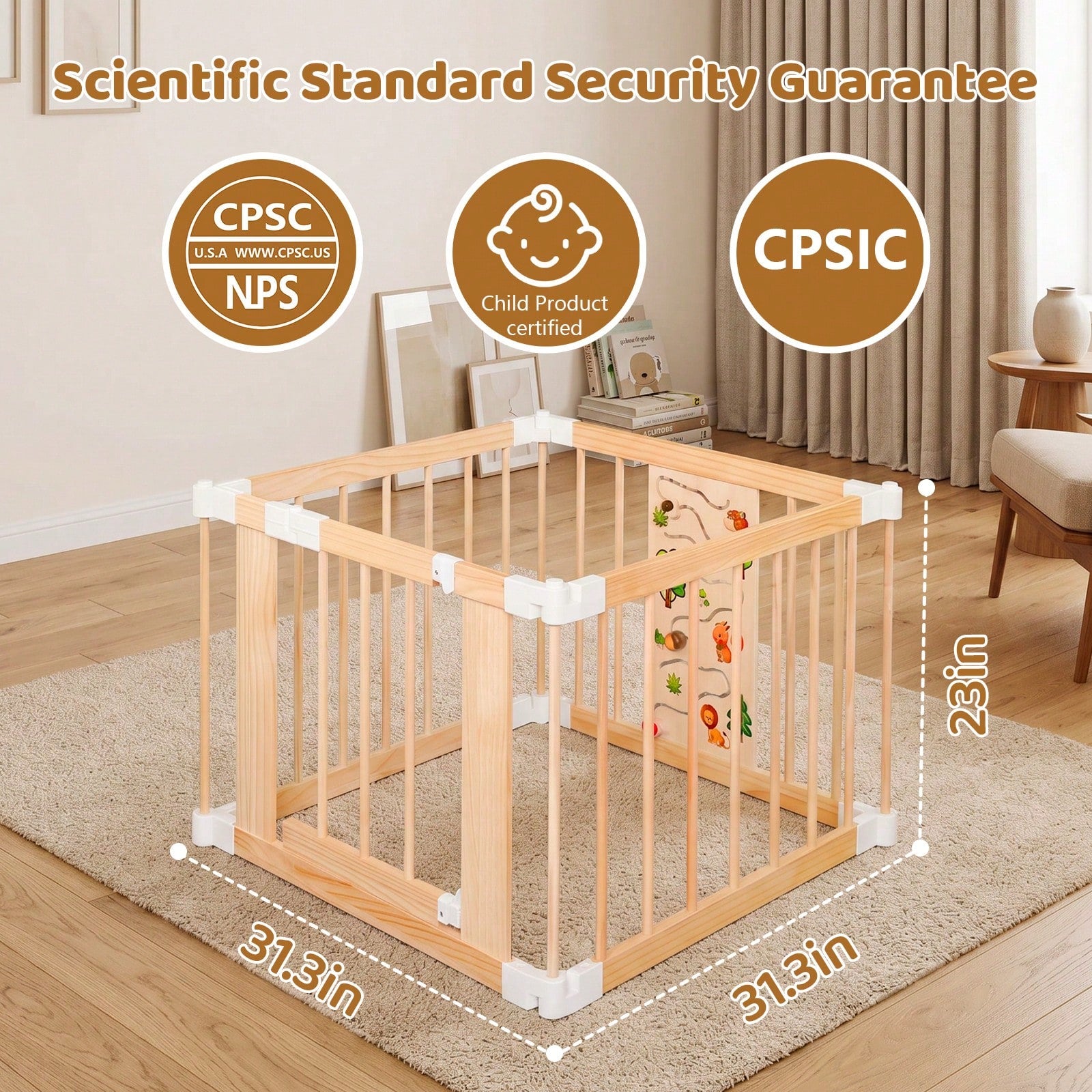 Wooden Baby Playpen With Montessori Toys, 4/6/8/10/12-Panels Foldable Wood Play Yard For Toddlers With Door Panel And Built-In Toys