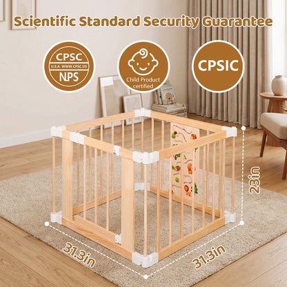 Wooden Baby Playpen With Montessori Toys, 4/6/8/10/12-Panels Foldable Wood Play Yard For Toddlers With Door Panel And Built-In Toys