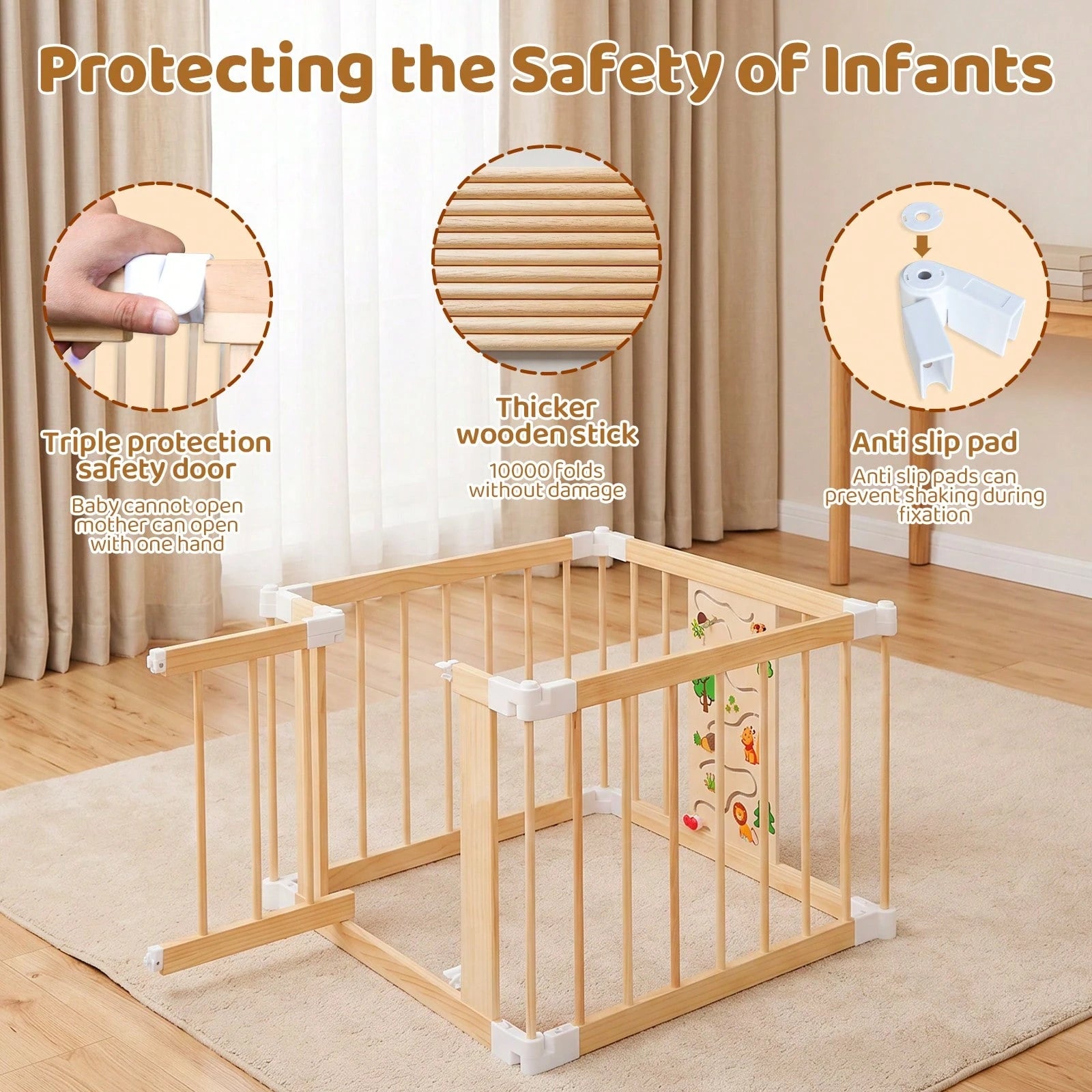 Wooden Baby Playpen With Montessori Toys, 4/6/8/10/12-Panels Foldable Wood Play Yard For Toddlers With Door Panel And Built-In Toys