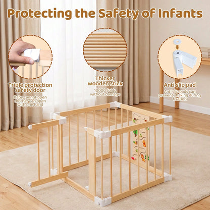 Wooden Baby Playpen With Montessori Toys, 4/6/8/10/12-Panels Foldable Wood Play Yard For Toddlers With Door Panel And Built-In Toys