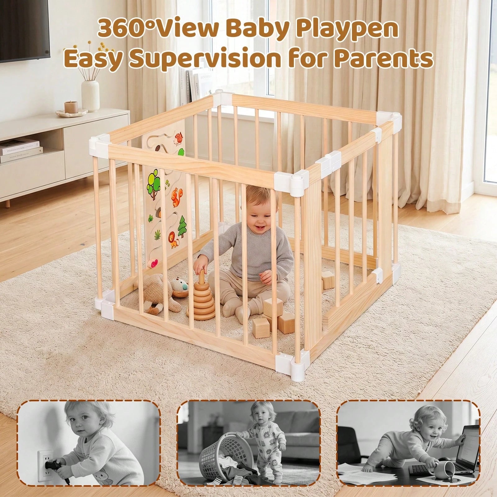 Wooden Baby Playpen With Montessori Toys, 4/6/8/10/12-Panels Foldable Wood Play Yard For Toddlers With Door Panel And Built-In Toys