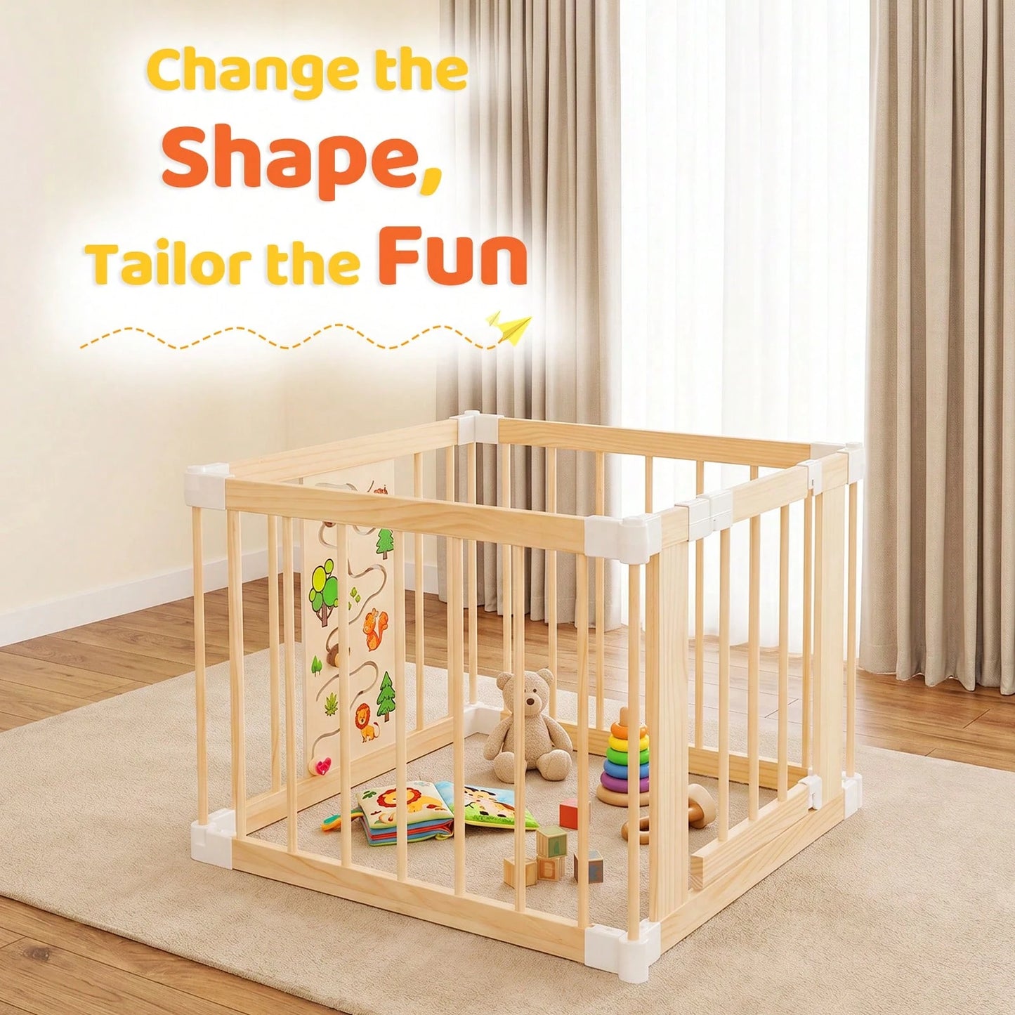 Wooden Baby Playpen With Montessori Toys, 4/6/8/10/12-Panels Foldable Wood Play Yard For Toddlers With Door Panel And Built-In Toys