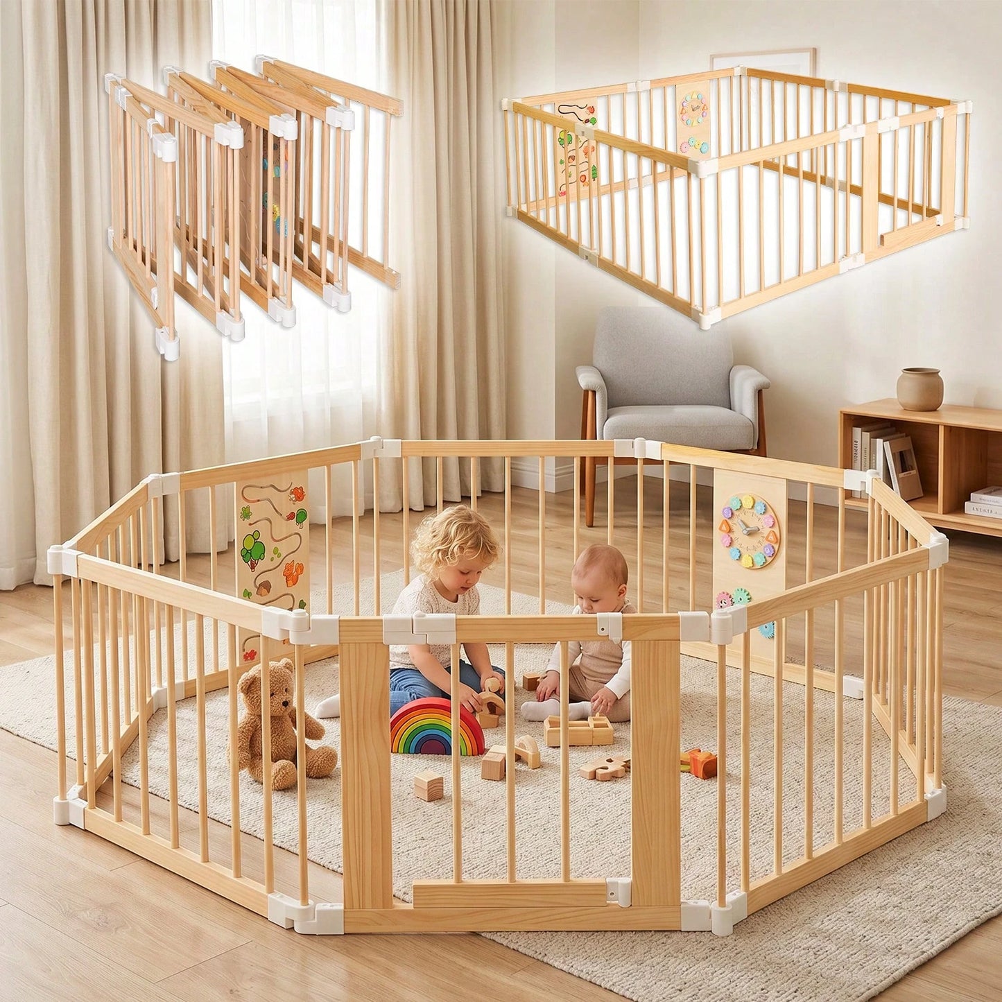 Wooden Baby Playpen With Montessori Toys, 4/6/8/10/12-Panels Foldable Wood Play Yard For Toddlers With Door Panel And Built-In Toys