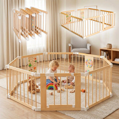 Wooden Baby Playpen With Montessori Toys, 4/6/8/10/12-Panels Foldable Wood Play Yard For Toddlers With Door Panel And Built-In Toys