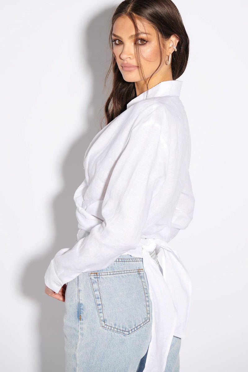 Wrap Linen Shirt - White - JAUS