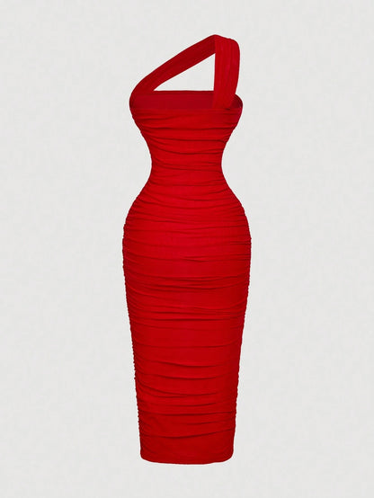 X Belle Mariano MOD Women's Chic Red Vintage Asymmetric Ruched Sleeveless Bodycon Dress,Autumn Party Wedding Guest Dress,Elegant Formal Evening Gown,Prom Birthday Wear
