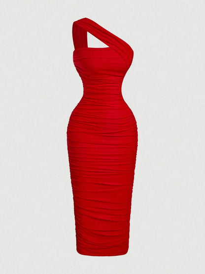X Belle Mariano MOD Women's Chic Red Vintage Asymmetric Ruched Sleeveless Bodycon Dress,Autumn Party Wedding Guest Dress,Elegant Formal Evening Gown,Prom Birthday Wear