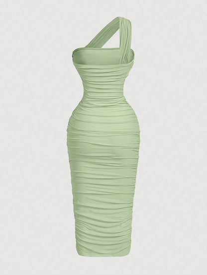 X Belle Mariano MOD Women's Sage Green Summer Seductive Party Dress,Elegant One Shoulder Ruched Bodycon Midi Dress,Vintage Asymmetric Ruffle Sleeveless Chic Fashion