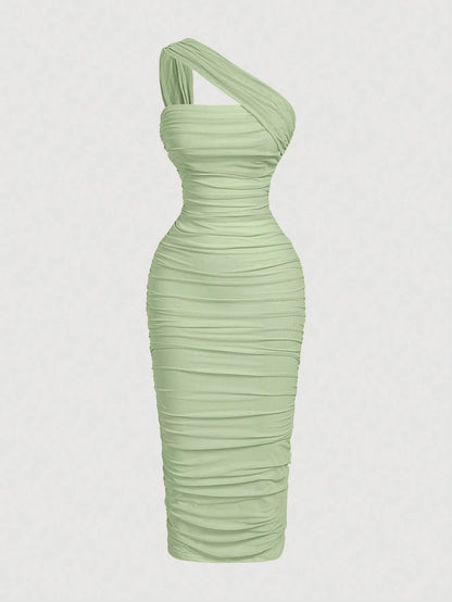 X Belle Mariano MOD Women's Sage Green Summer Seductive Party Dress,Elegant One Shoulder Ruched Bodycon Midi Dress,Vintage Asymmetric Ruffle Sleeveless Chic Fashion