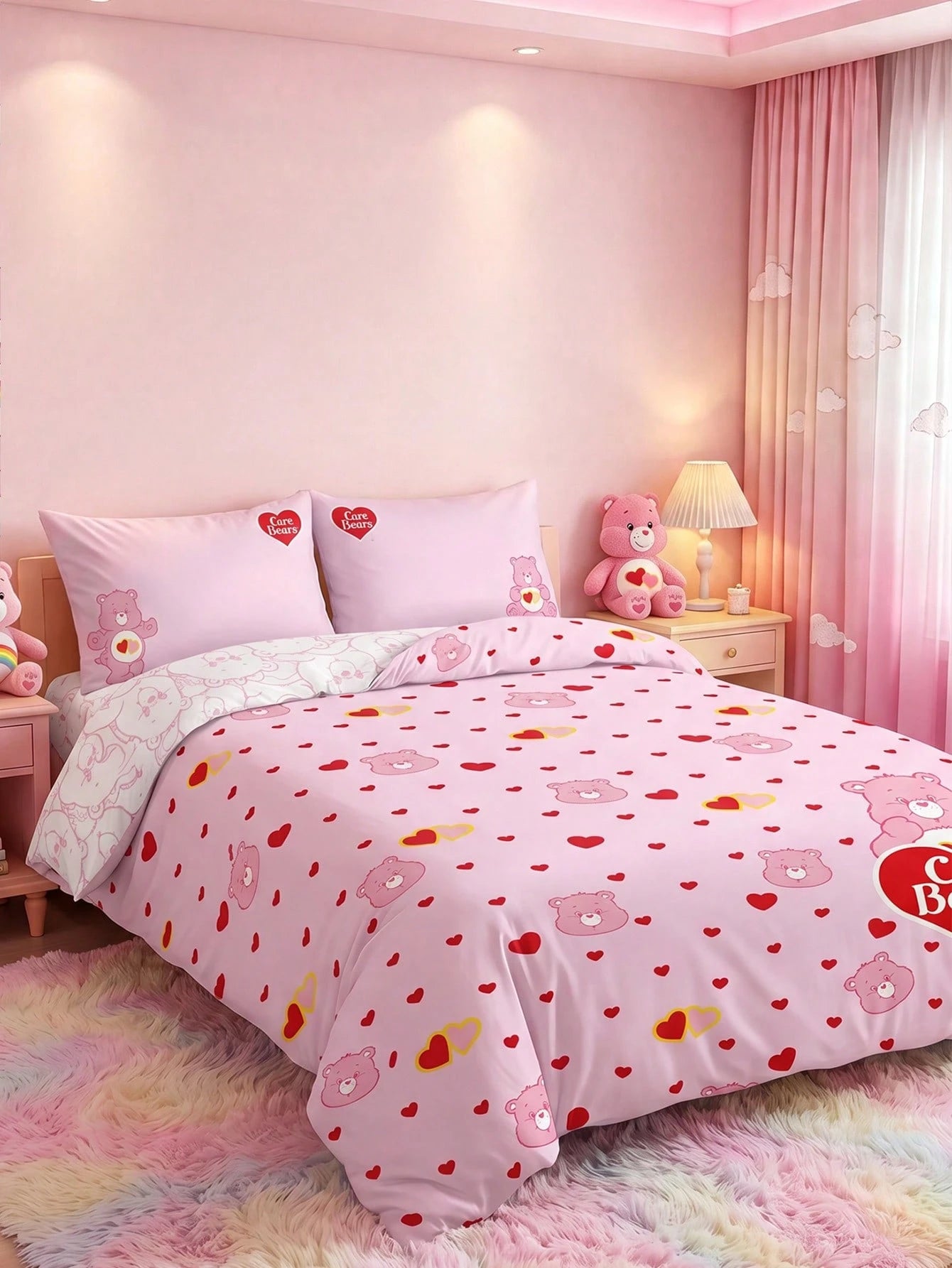 X Care Bears 3pcs Foundation Cartoon Animation Double-Sided Printed Quilt Cover Set, Sanded Material, Soft And Warm, Multiple Sizes, Suitable For Single Bed/Double Bed/Queen Bed/King Bed, Machin