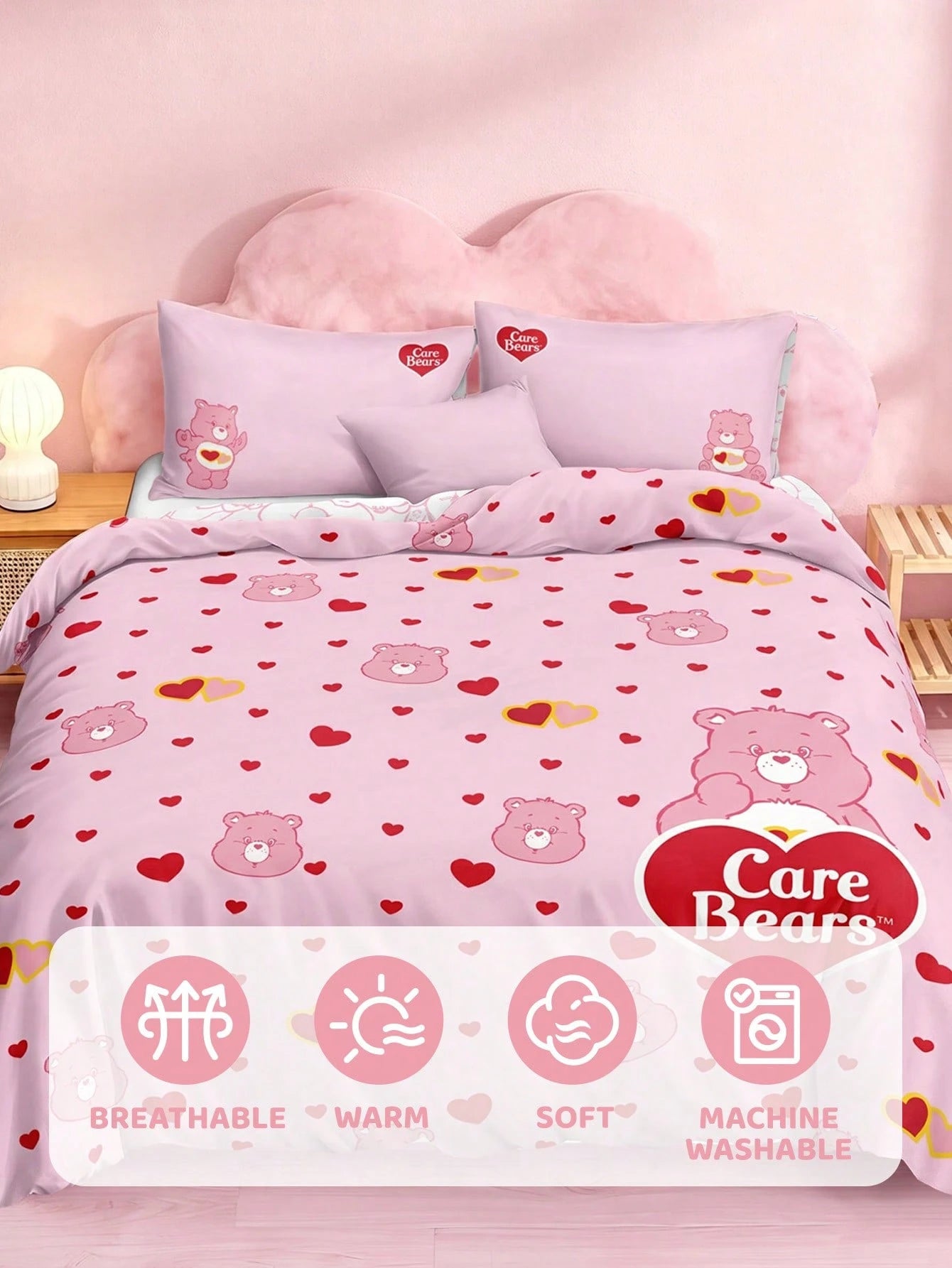 X Care Bears 3pcs Foundation Cartoon Animation Double-Sided Printed Quilt Cover Set, Sanded Material, Soft And Warm, Multiple Sizes, Suitable For Single Bed/Double Bed/Queen Bed/King Bed, Machin