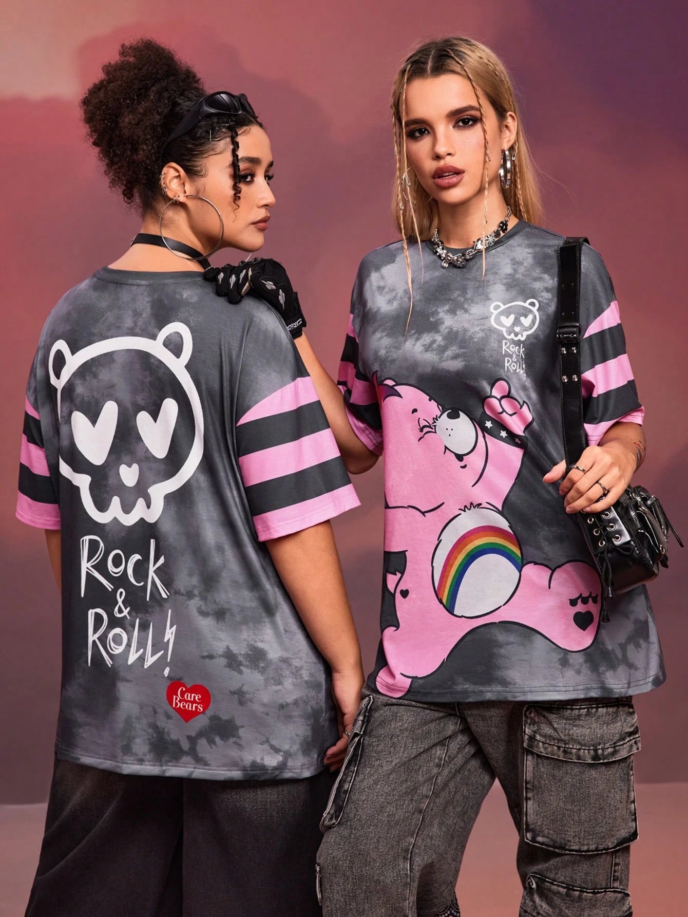 X Care Bears Designer Plus Size 1pc Women Casual Cartoon Bear & Tie-Dye Print Drop Shoulder Short Sleeve T-Shirt, Summer, Holiday, Thanksgiving, Festival