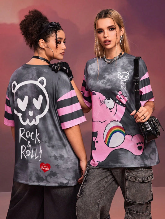 X Care Bears Designer Plus Size 1pc Women Casual Cartoon Bear & Tie-Dye Print Drop Shoulder Short Sleeve T-Shirt, Summer, Holiday, Thanksgiving, Festival