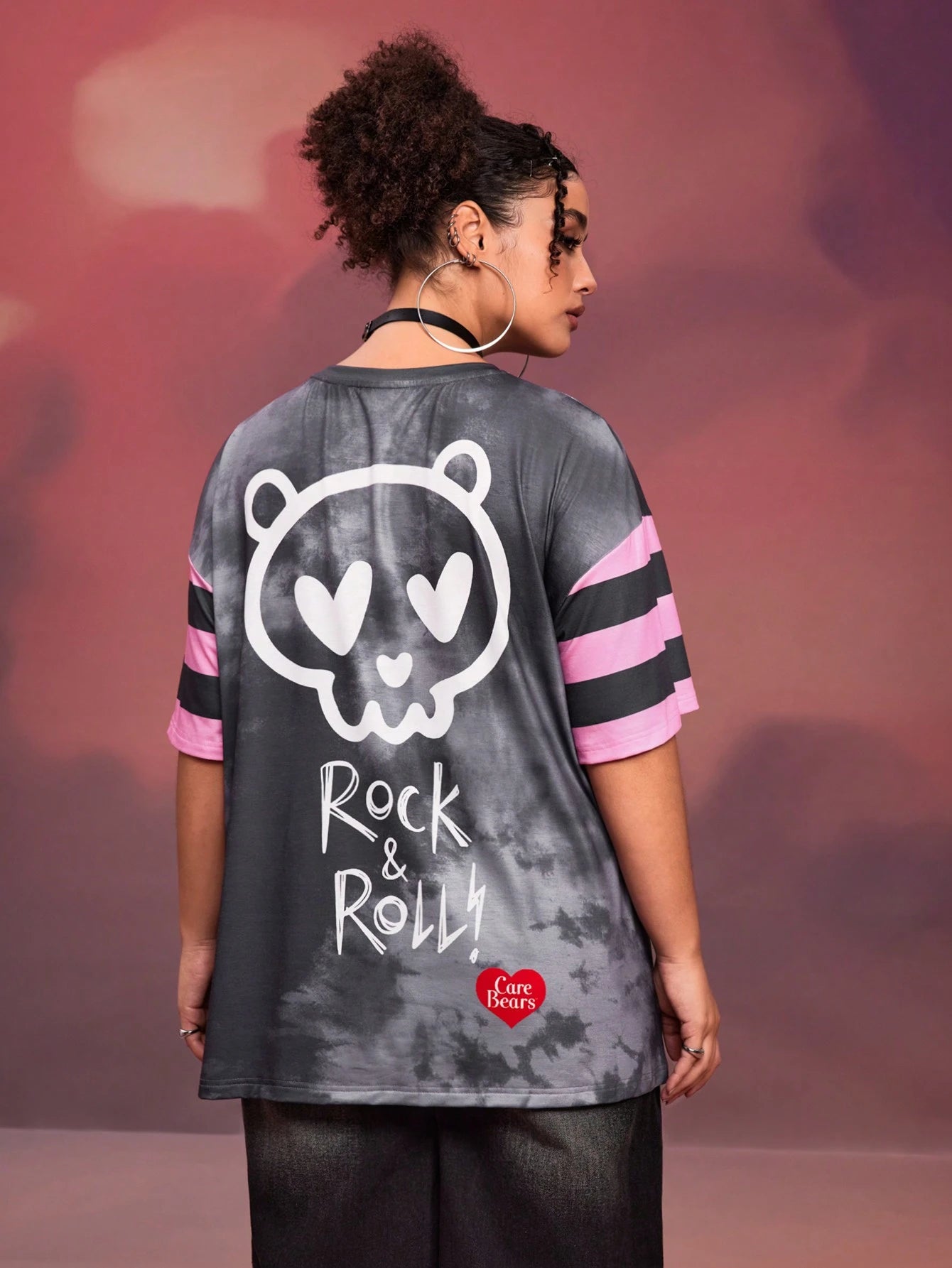 X Care Bears Designer Plus Size 1pc Women Casual Cartoon Bear & Tie-Dye Print Drop Shoulder Short Sleeve T-Shirt, Summer, Holiday, Thanksgiving, Festival