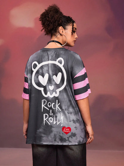 X Care Bears Designer Plus Size 1pc Women Casual Cartoon Bear & Tie-Dye Print Drop Shoulder Short Sleeve T-Shirt, Summer, Holiday, Thanksgiving, Festival