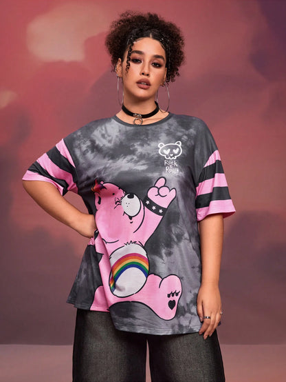X Care Bears Designer Plus Size 1pc Women Casual Cartoon Bear & Tie-Dye Print Drop Shoulder Short Sleeve T-Shirt, Summer, Holiday, Thanksgiving, Festival