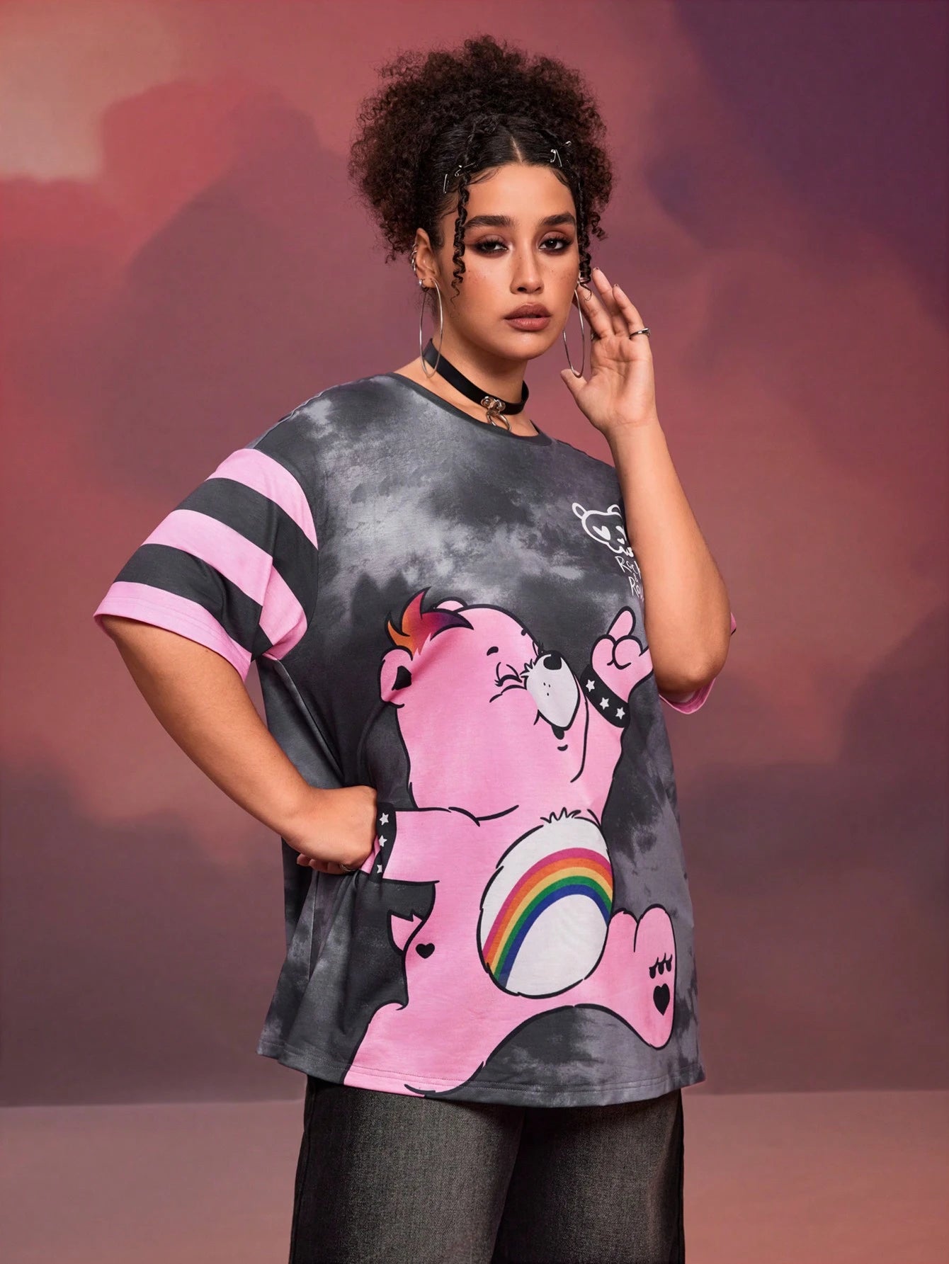 X Care Bears Designer Plus Size 1pc Women Casual Cartoon Bear & Tie-Dye Print Drop Shoulder Short Sleeve T-Shirt, Summer, Holiday, Thanksgiving, Festival