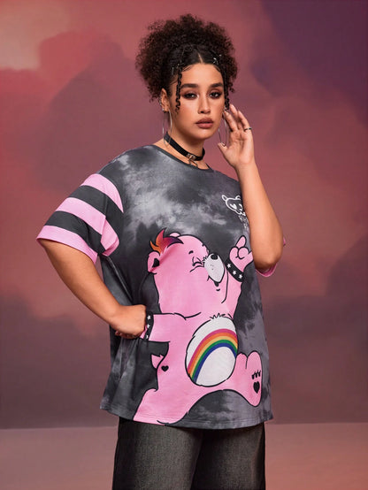 X Care Bears Designer Plus Size 1pc Women Casual Cartoon Bear & Tie-Dye Print Drop Shoulder Short Sleeve T-Shirt, Summer, Holiday, Thanksgiving, Festival