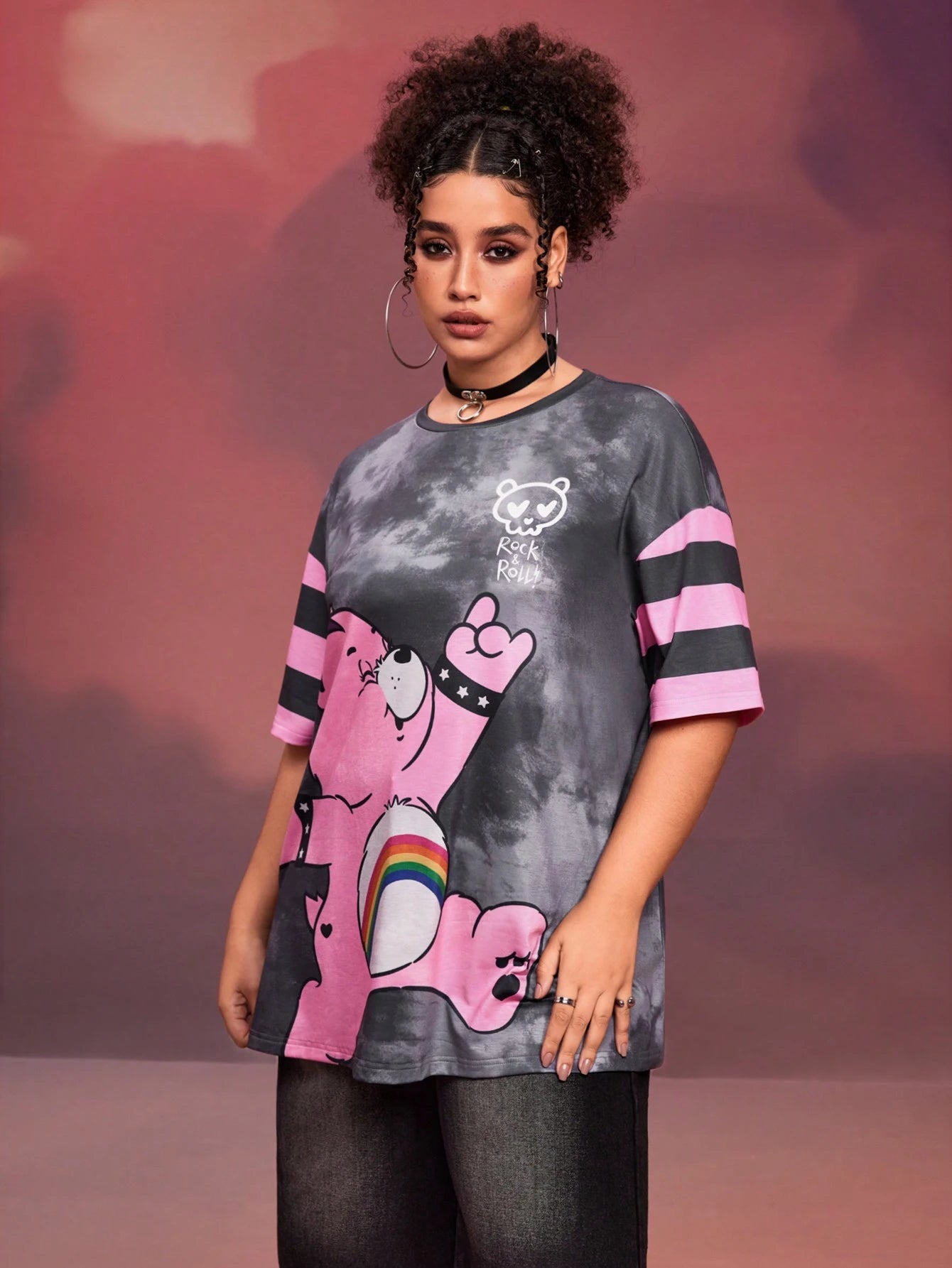 X Care Bears Designer Plus Size 1pc Women Casual Cartoon Bear & Tie-Dye Print Drop Shoulder Short Sleeve T-Shirt, Summer, Holiday, Thanksgiving, Festival