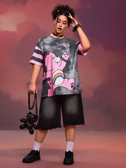 X Care Bears Designer Plus Size 1pc Women Casual Cartoon Bear & Tie-Dye Print Drop Shoulder Short Sleeve T-Shirt, Summer, Holiday, Thanksgiving, Festival