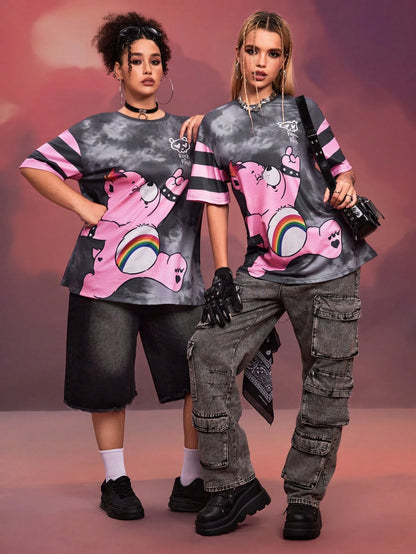 X Care Bears Designer Plus Size 1pc Women Casual Cartoon Bear & Tie-Dye Print Drop Shoulder Short Sleeve T-Shirt, Summer, Holiday, Thanksgiving, Festival
