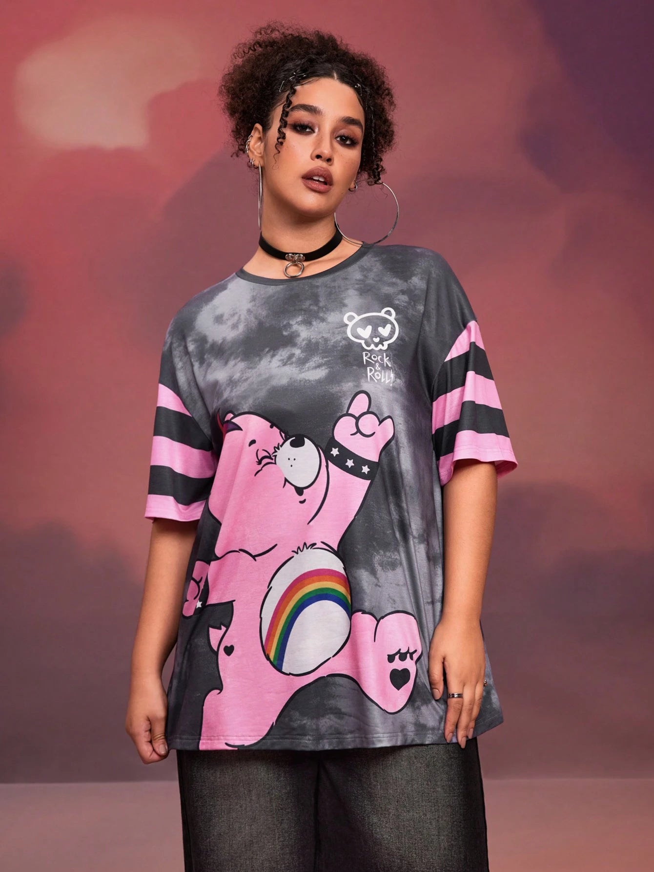 X Care Bears Designer Plus Size 1pc Women Casual Cartoon Bear & Tie-Dye Print Drop Shoulder Short Sleeve T-Shirt, Summer, Holiday, Thanksgiving, Festival