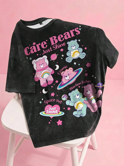 X Care Bears Plus Size Cartoon Cute Print Short Sleeve Crew Neck T-Shirt, Versatile For Summer, Full Print
