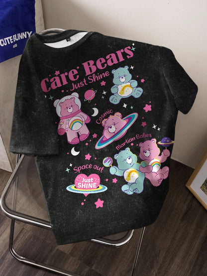 X Care Bears Plus Size Cartoon Cute Print Short Sleeve Crew Neck T-Shirt, Versatile For Summer, Full Print