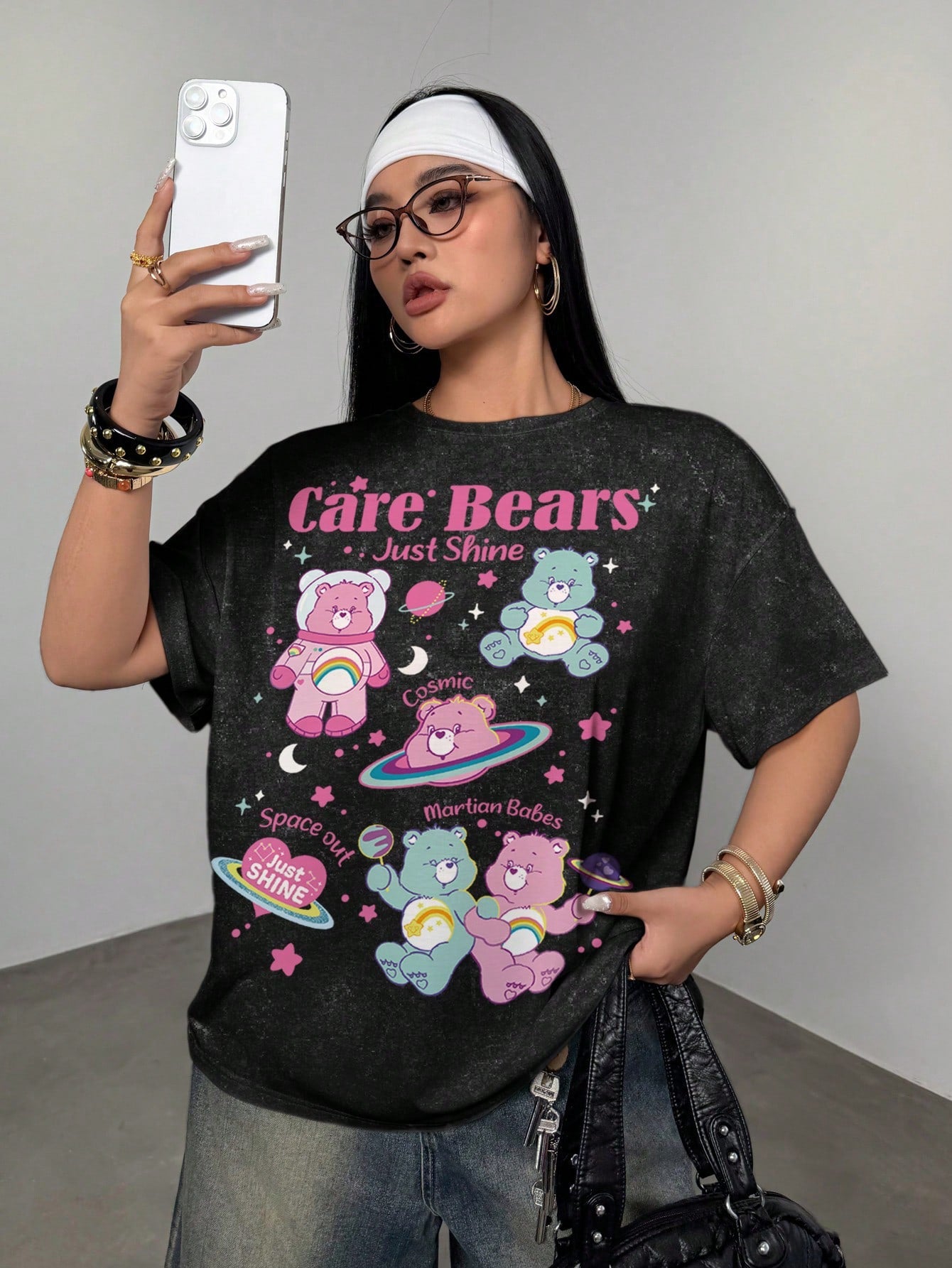 X Care Bears Plus Size Cartoon Cute Print Short Sleeve Crew Neck T-Shirt, Versatile For Summer, Full Print