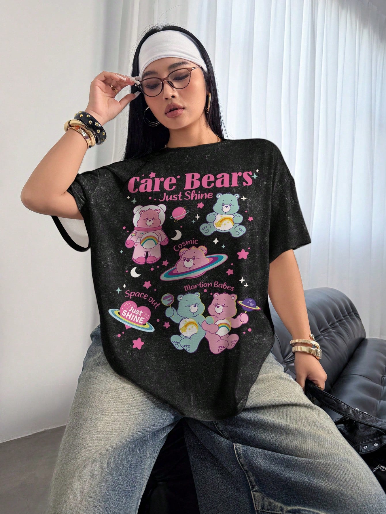 X Care Bears Plus Size Cartoon Cute Print Short Sleeve Crew Neck T-Shirt, Versatile For Summer, Full Print