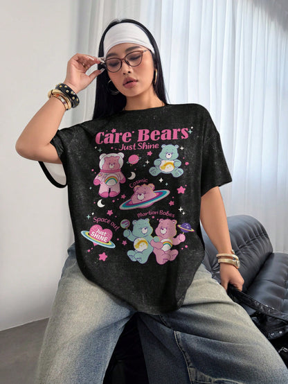X Care Bears Plus Size Cartoon Cute Print Short Sleeve Crew Neck T-Shirt, Versatile For Summer, Full Print