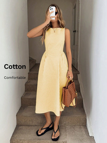X GALILEA LUNE White And Yellow,Summer,Elegant,Tea Party Round Neck Sleeveless Cinched Waist Ruched A-Line Midi Dress,White Cotton Fabric,French Resort Streetwear