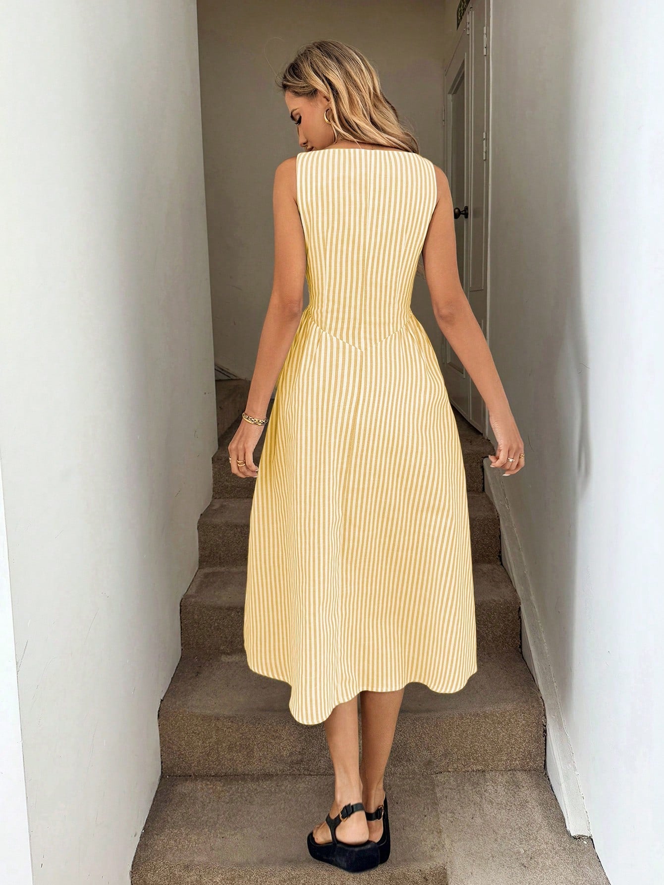 X GALILEA LUNE White And Yellow,Summer,Elegant,Tea Party Round Neck Sleeveless Cinched Waist Ruched A-Line Midi Dress,White Cotton Fabric,French Resort Streetwear