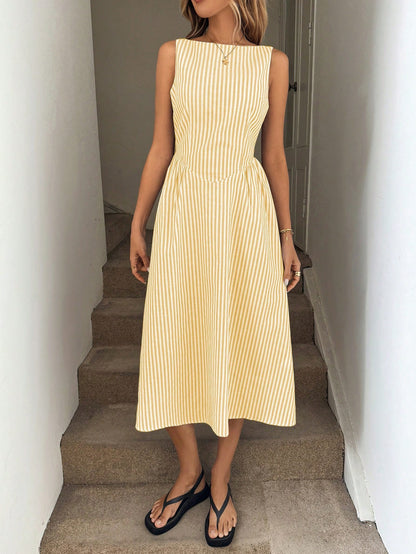 X GALILEA LUNE White And Yellow,Summer,Elegant,Tea Party Round Neck Sleeveless Cinched Waist Ruched A-Line Midi Dress,White Cotton Fabric,French Resort Streetwear