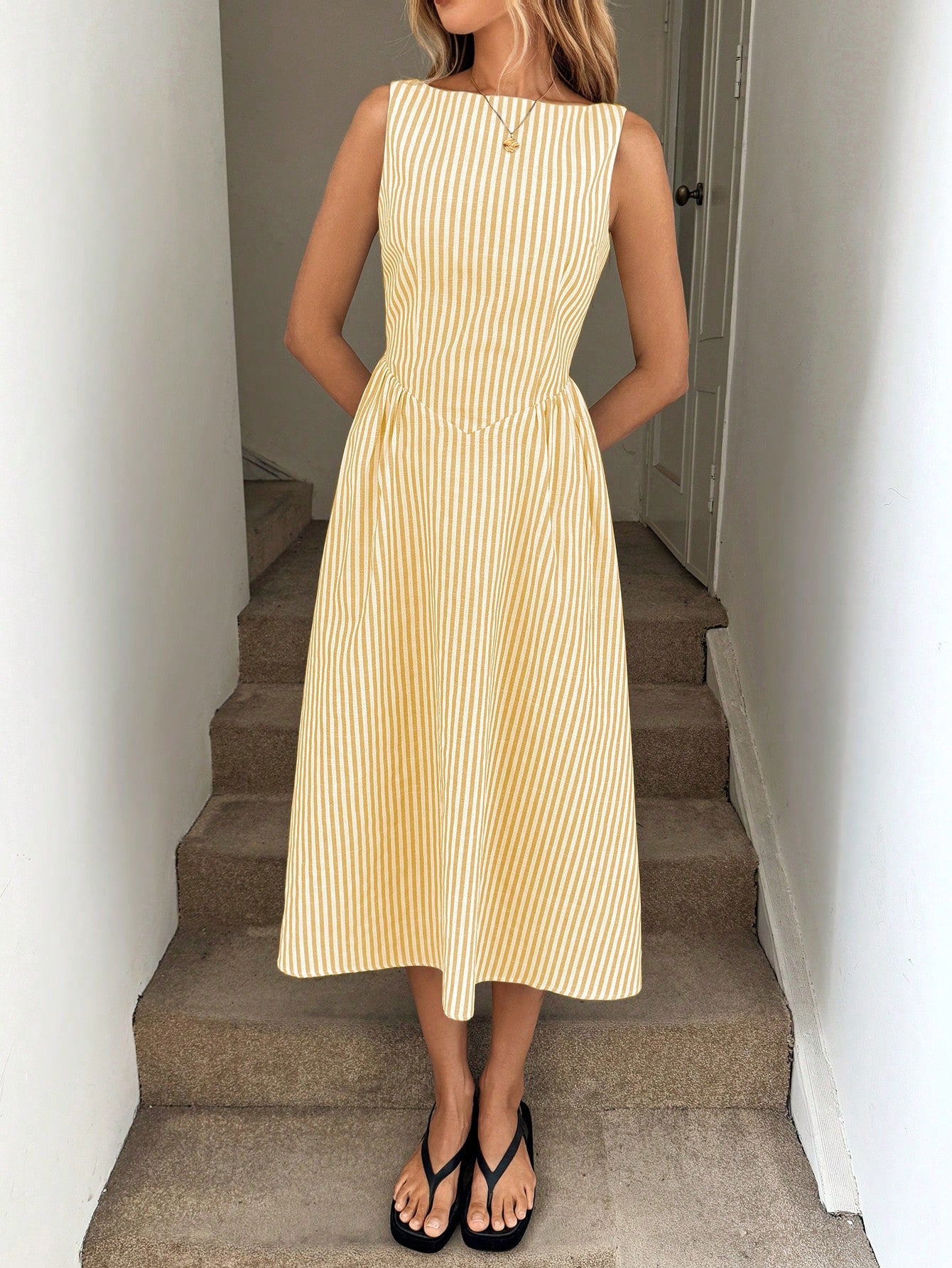 X GALILEA LUNE White And Yellow,Summer,Elegant,Tea Party Round Neck Sleeveless Cinched Waist Ruched A-Line Midi Dress,White Cotton Fabric,French Resort Streetwear