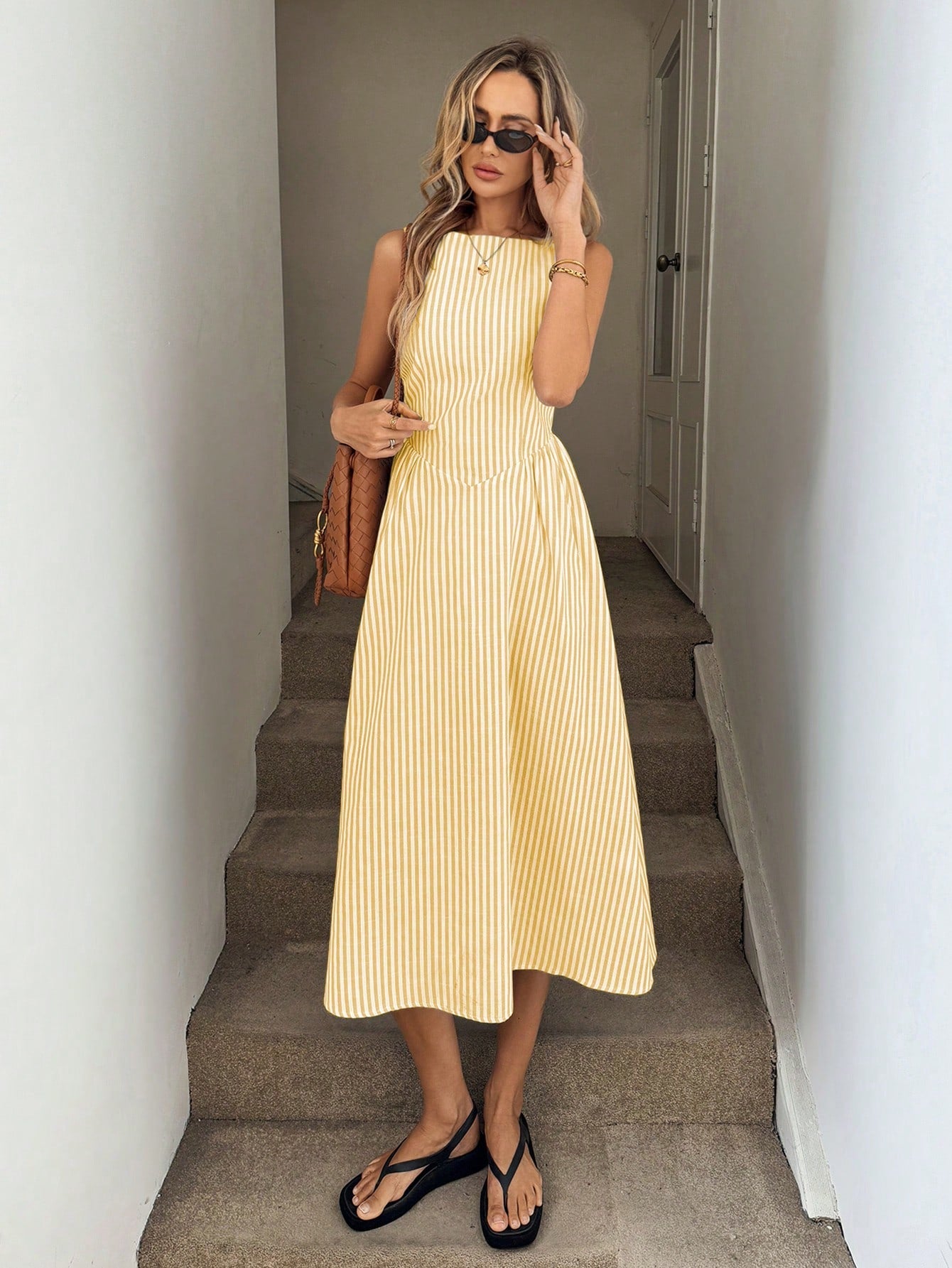 X GALILEA LUNE White And Yellow,Summer,Elegant,Tea Party Round Neck Sleeveless Cinched Waist Ruched A-Line Midi Dress,White Cotton Fabric,French Resort Streetwear