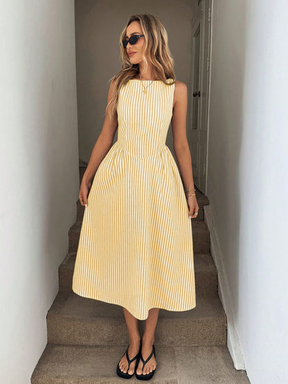 X GALILEA LUNE White And Yellow,Summer,Elegant,Tea Party Round Neck Sleeveless Cinched Waist Ruched A-Line Midi Dress,White Cotton Fabric,French Resort Streetwear