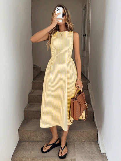 X GALILEA LUNE White And Yellow,Summer,Elegant,Tea Party Round Neck Sleeveless Cinched Waist Ruched A-Line Midi Dress,White Cotton Fabric,French Resort Streetwear