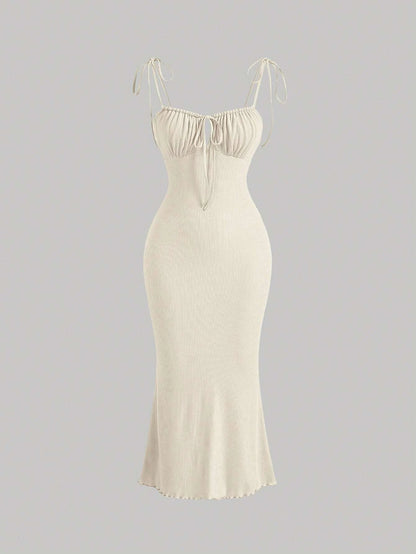 x Marika Sila MOD Tie Front Ruched Bust Knot Shoulder Lettuce Trim Summer Cami Long Dress
