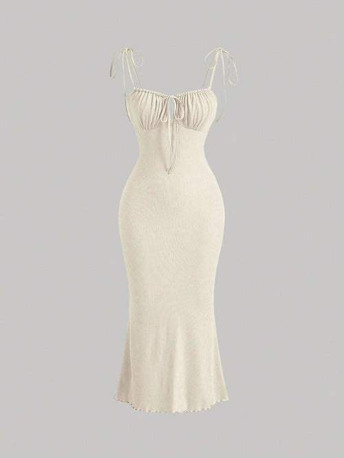 x Marika Sila MOD Tie Front Ruched Bust Knot Shoulder Lettuce Trim Summer Cami Long Dress
