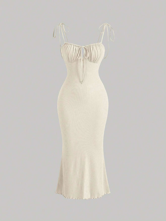 x Marika Sila MOD Tie Front Ruched Bust Knot Shoulder Lettuce Trim Summer Cami Long Dress