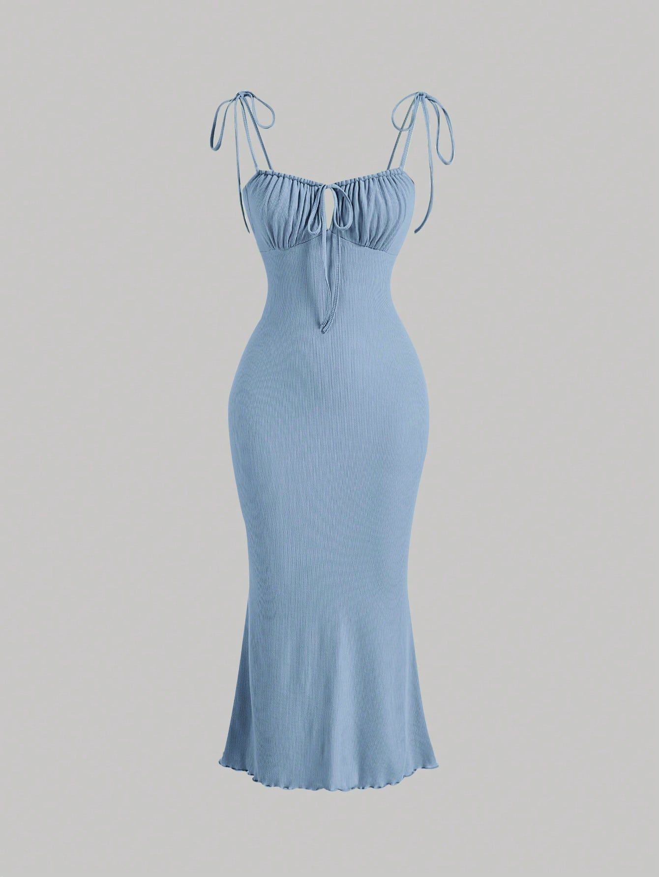 x Marika Sila MOD Tie Front Ruched Bust Knot Shoulder Lettuce Trim Summer Cami Long Dress