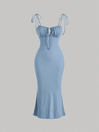 x Marika Sila MOD Tie Front Ruched Bust Knot Shoulder Lettuce Trim Summer Cami Long Dress