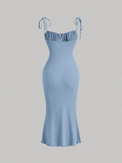 x Marika Sila MOD Tie Front Ruched Bust Knot Shoulder Lettuce Trim Summer Cami Long Dress