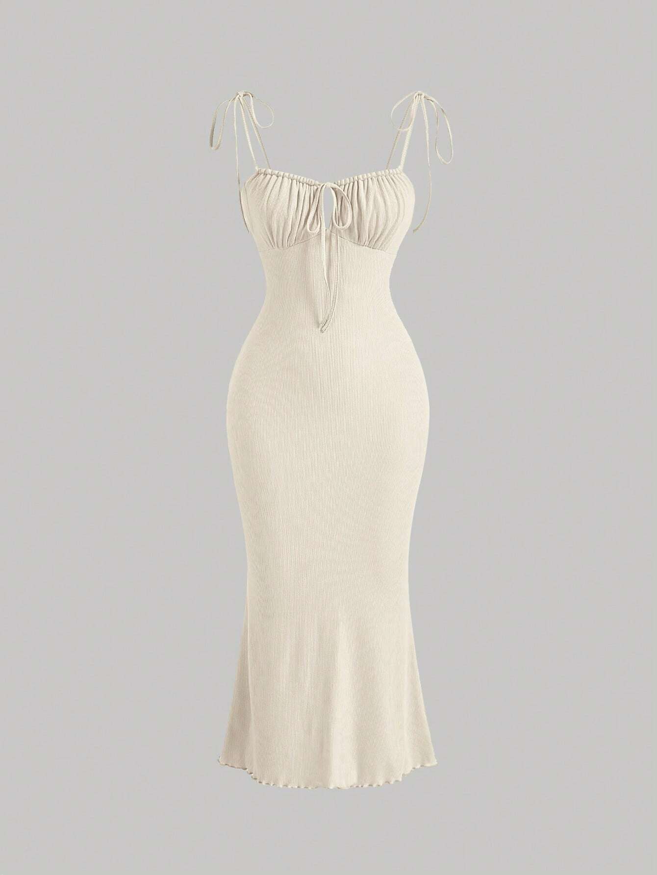 x Marika Sila MOD Tie Front Ruched Bust Knot Shoulder Lettuce Trim Summer Cami Long Dress
